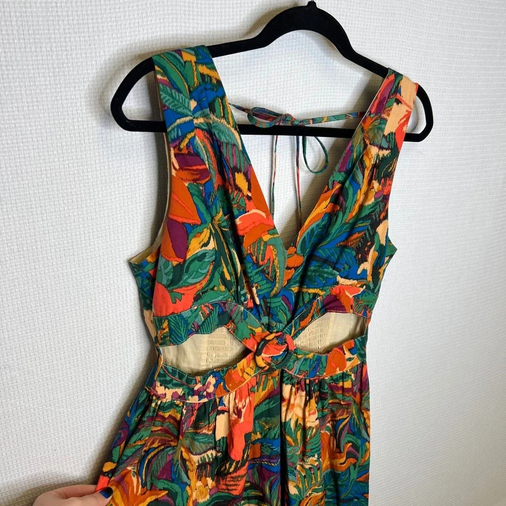 Dress Forum‎ Tropical Floral Cutout Maxi Dress Tie Back Smocked Waist Size L - Picture 4 of 10